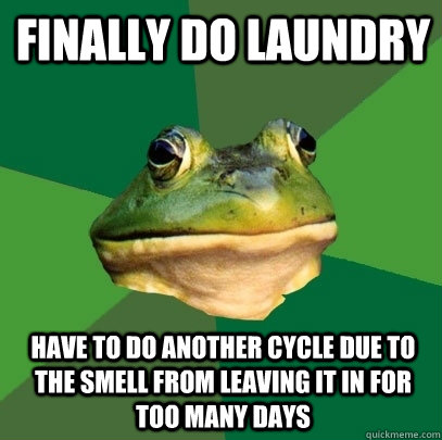 Finally do laundry Have to do another cycle due to the smell from leaving it in for too many days  Foul Bachelor Frog