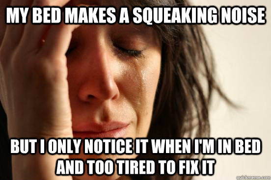 My bed makes a squeaking noise  But I only notice it when I'm in bed and too tired to fix it  First World Problems