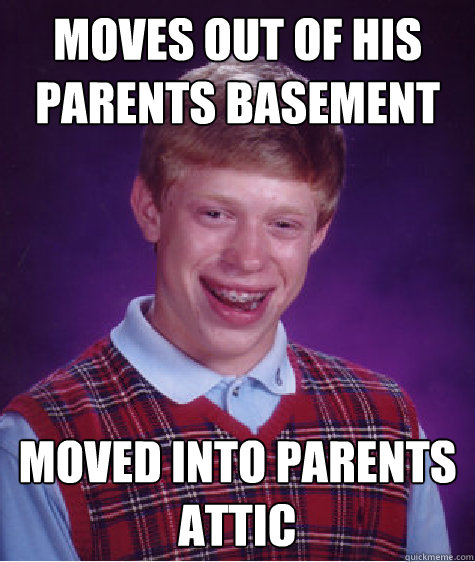 Moves out of his parents basement Moved into parents attic  Bad Luck Brian