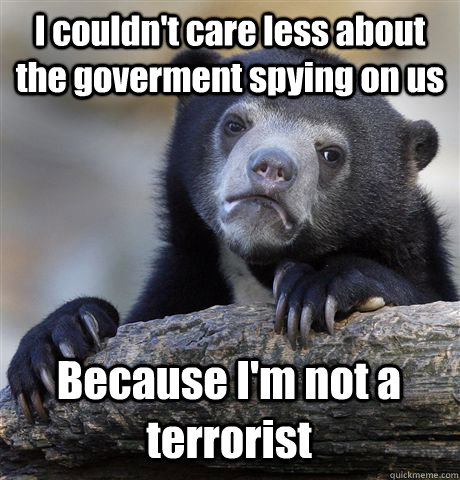 I couldn't care less about the goverment spying on us Because I'm not a terrorist  Confession Bear