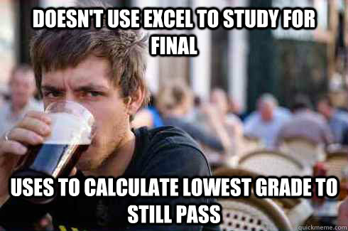 Doesn't use Excel to Study for Final Uses to calculate lowest grade to still pass  Lazy College Senior