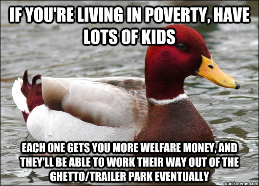 if you're living in poverty, have lots of kids each one gets you more welfare money, and they'll be able to work their way out of the ghetto/trailer park eventually  Malicious Advice Mallard