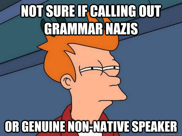 Not sure if calling out grammar nazis Or genuine non-native speaker - Not sure if calling out grammar nazis Or genuine non-native speaker  Futurama Fry