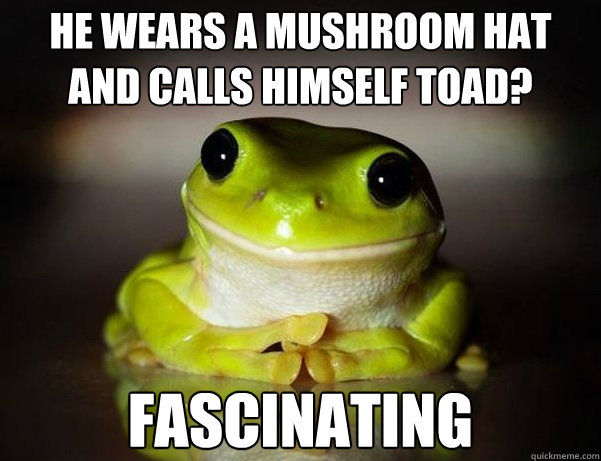 He wears a mushroom hat and calls himself Toad? Fascinating - He wears a mushroom hat and calls himself Toad? Fascinating  Fascinated Frog