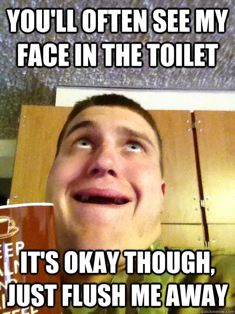 YOU'LL OFTEN SEE MY FACE IN THE TOILET IT'S OKAY THOUGH, JUST FLUSH ME AWAY  