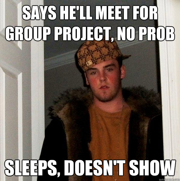 Says he'll meet for group project, no prob sleeps, doesn't show  Scumbag Steve