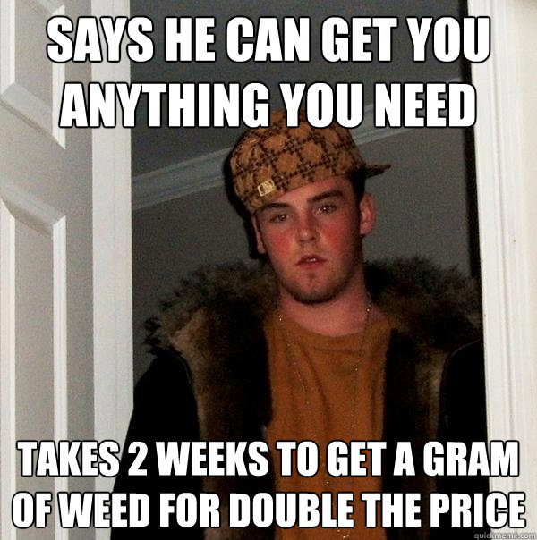 Says he can get you anything you need takes 2 weeks to get a gram of weed for double the price  Scumbag Steve