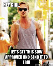 Hey Girl, Let's get this SOW approved and send it to Erik  Ryan Gosling Motivation