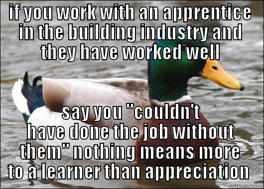 IF YOU WORK WITH AN APPRENTICE IN THE BUILDING INDUSTRY AND THEY HAVE WORKED WELL SAY YOU 