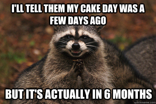 I'll tell them my cake day was a few days ago But it's actually in 6 months  Insidious Racoon 2