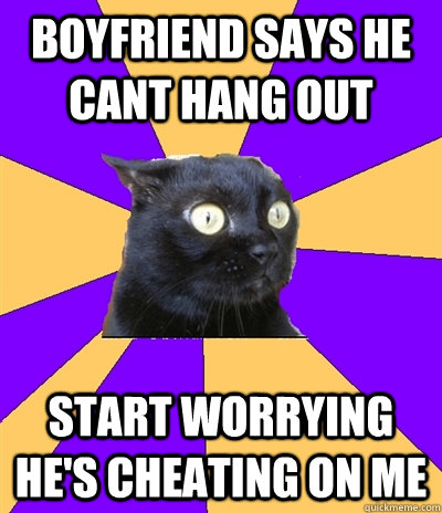 Boyfriend says he cant hang out start worrying he's cheating on me  Anxiety Cat