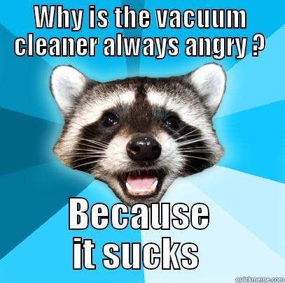 WHY IS THE VACUUM CLEANER ALWAYS ANGRY ? BECAUSE IT SUCKS  Lame Pun Coon