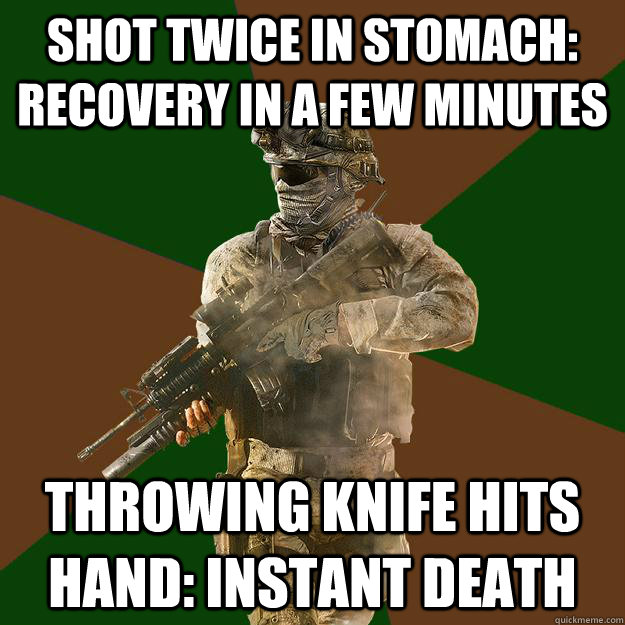 Shot twice in stomach: recovery in a few minutes throwing knife hits hand: instant death  