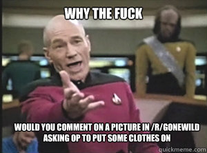why the fuck would you comment on a picture in /r/gonewild asking OP to put some clothes on  Annoyed Picard