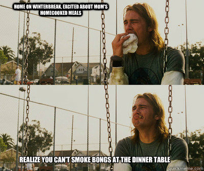 Home on winterbreak, excited about Mom's homecooked meals Realize you can't smoke bongs at the dinner table  First World Stoner Problems
