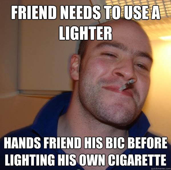 friend needs to use a lighter Hands friend his bic before lighting his own cigarette - friend needs to use a lighter Hands friend his bic before lighting his own cigarette  Misc