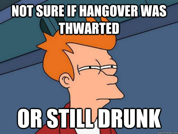 not sure if hangover was thwarted  or still drunk  Futurama Fry