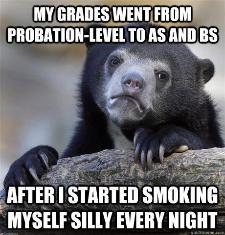 my grades went from probation-level to As and Bs after I started smoking myself silly every night  Confession Bear