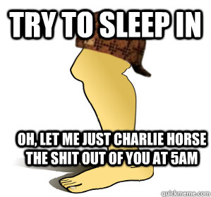 Try to sleep in Oh, let me just CHARLIE HORSE the shit out of you at 5AM  