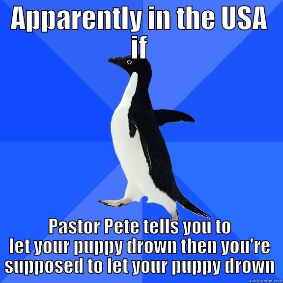 APPARENTLY IN THE USA IF PASTOR PETE TELLS YOU TO LET YOUR PUPPY DROWN THEN YOU'RE SUPPOSED TO LET YOUR PUPPY DROWN Socially Awkward Penguin