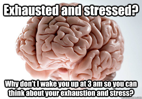 Exhausted and stressed? Why don't I wake you up at 3 am so you can think about your exhaustion and stress?   Scumbag Brain