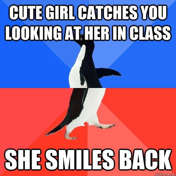 Cute girl catches you looking at her in class She smiles back  Socially Awkward Awesome Penguin