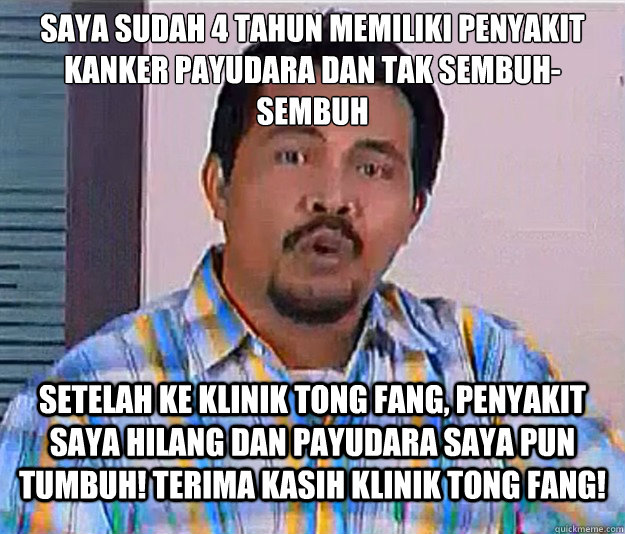 Saya sudah 4 Tahun Memiliki Penyakit kanker payudara dan tak sembuh-sembuh setelah ke klinik tong fang, penyakit saya hilang dan payudara saya pun tumbuh! terima kasih klinik tong fang!  