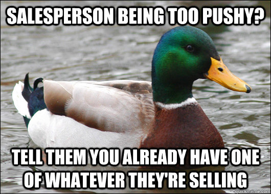 salesperson being too pushy? tell them you already have one of whatever they're selling  Actual Advice Mallard