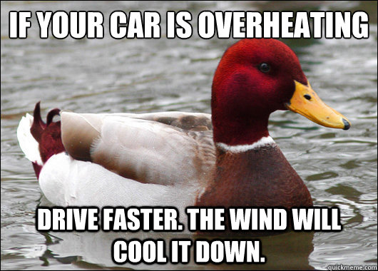 if your car is overheating
 drive faster. the wind will cool it down. - if your car is overheating
 drive faster. the wind will cool it down.  Malicious Advice Mallard