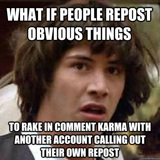 what if people repost obvious things to rake in comment karma with another account calling out their own repost - what if people repost obvious things to rake in comment karma with another account calling out their own repost  conspiracy keanu