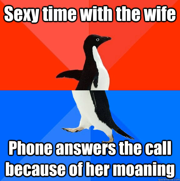 Sexy time with the wife Phone answers the call because of her moaning  Socially Awesome Awkward Penguin