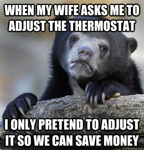 When my wife asks me to adjust the thermostat I only pretend to adjust it so we can save money - When my wife asks me to adjust the thermostat I only pretend to adjust it so we can save money  Confession Bear