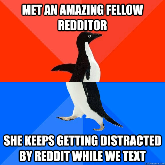 met an amazing fellow redditor she keeps getting distracted by reddit while we text  Socially Awesome Awkward Penguin