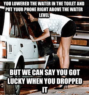 You lowered the water in the toilet and put your phone right above the water level But we can say you got lucky when you dropped it  Karma Whore