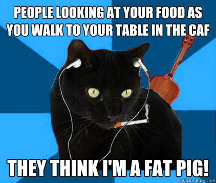 People looking at your food as you walk to your table in the caf they think i'm a fat pig!  Socially Awkward Berklee Cat