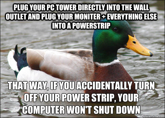 Plug your pc tower directly into the wall outlet and plug your moniter + everything else into a powerstrip That way, if you accidentally turn off your power strip, your computer won't shut down  Actual Advice Mallard