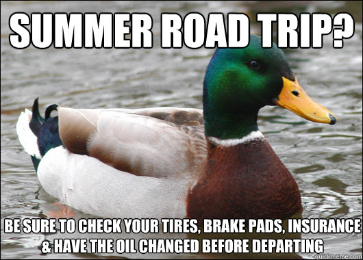 summer road trip? be sure to check your tires, brake pads, insurance & have the oil changed before departing  Actual Advice Mallard