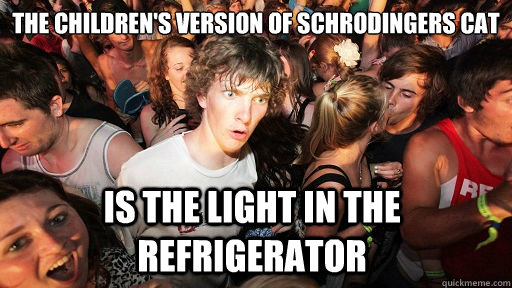 The children's version of schrodingers cat is the light in the refrigerator  Sudden Clarity Clarence