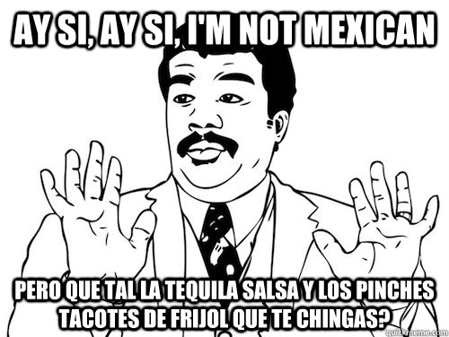 AY SI, AY SI, I'm not mexican pero que tal la tequila salsa y los pinches tacotes de frijol que te chingas?   