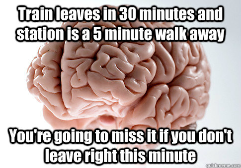 Train leaves in 30 minutes and station is a 5 minute walk away You're going to miss it if you don't leave right this minute   Scumbag Brain