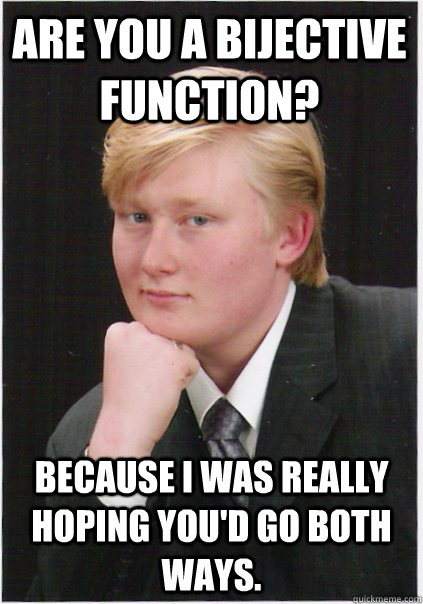 Are you a bijective function? Because I was really hoping you'd go both ways.  Seductive Nerd