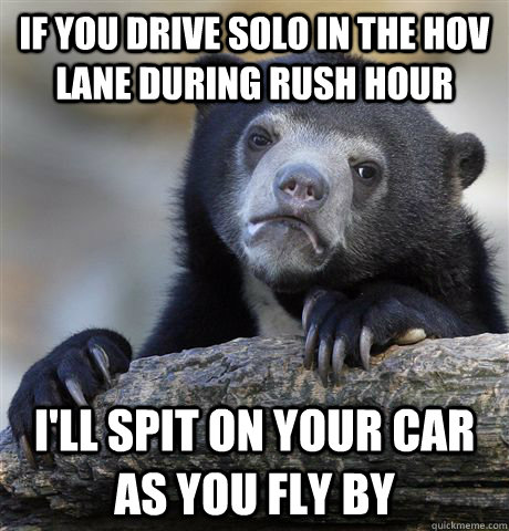 If you drive solo in the HOV lane during rush hour I'll spit on your car as you fly by  Confession Bear