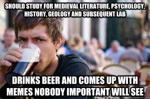 should study for medieval literature, psychology, history, geology and subsequent lab drinks beer and comes up with memes nobody important will see  Lazy Senior