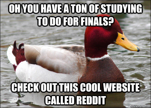 Oh you have a ton of studying to do for finals? Check out this cool website called Reddit  Malicious Advice Mallard