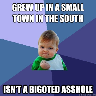 Grew up in a small town in the south Isn't a bigoted asshole  Success Kid