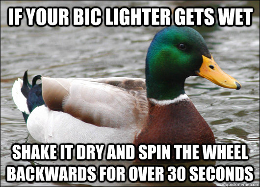 IF YOUR BIC LIGHTER GETS WET SHAKE IT DRY AND SPIN THE WHEEL BACKWARDS FOR OVER 30 SECONDS  Actual Advice Mallard