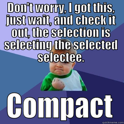 DON'T WORRY, I GOT THIS, JUST WAIT, AND CHECK IT OUT, THE SELECTION IS SELECTING THE SELECTED SELECTEE. COMPACT Success Kid