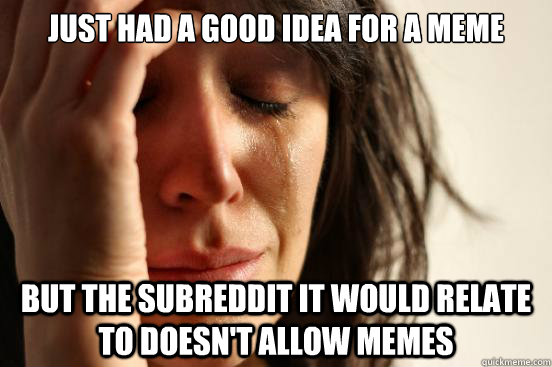 Just had a good idea for a meme But the subreddit it would relate to doesn't allow memes  First World Problems