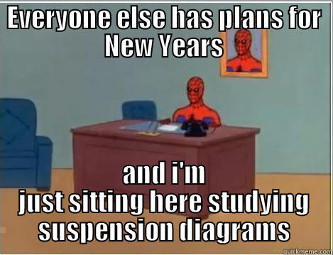 EVERYONE ELSE HAS PLANS FOR NEW YEARS AND I'M JUST SITTING HERE STUDYING SUSPENSION DIAGRAMS Spiderman Desk