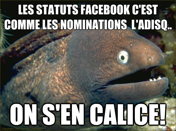 Les statuts Facebook c'est comme les nominations à l'ADISQ.. On s'en calice! - Les statuts Facebook c'est comme les nominations à l'ADISQ.. On s'en calice!  Bad Joke Eel